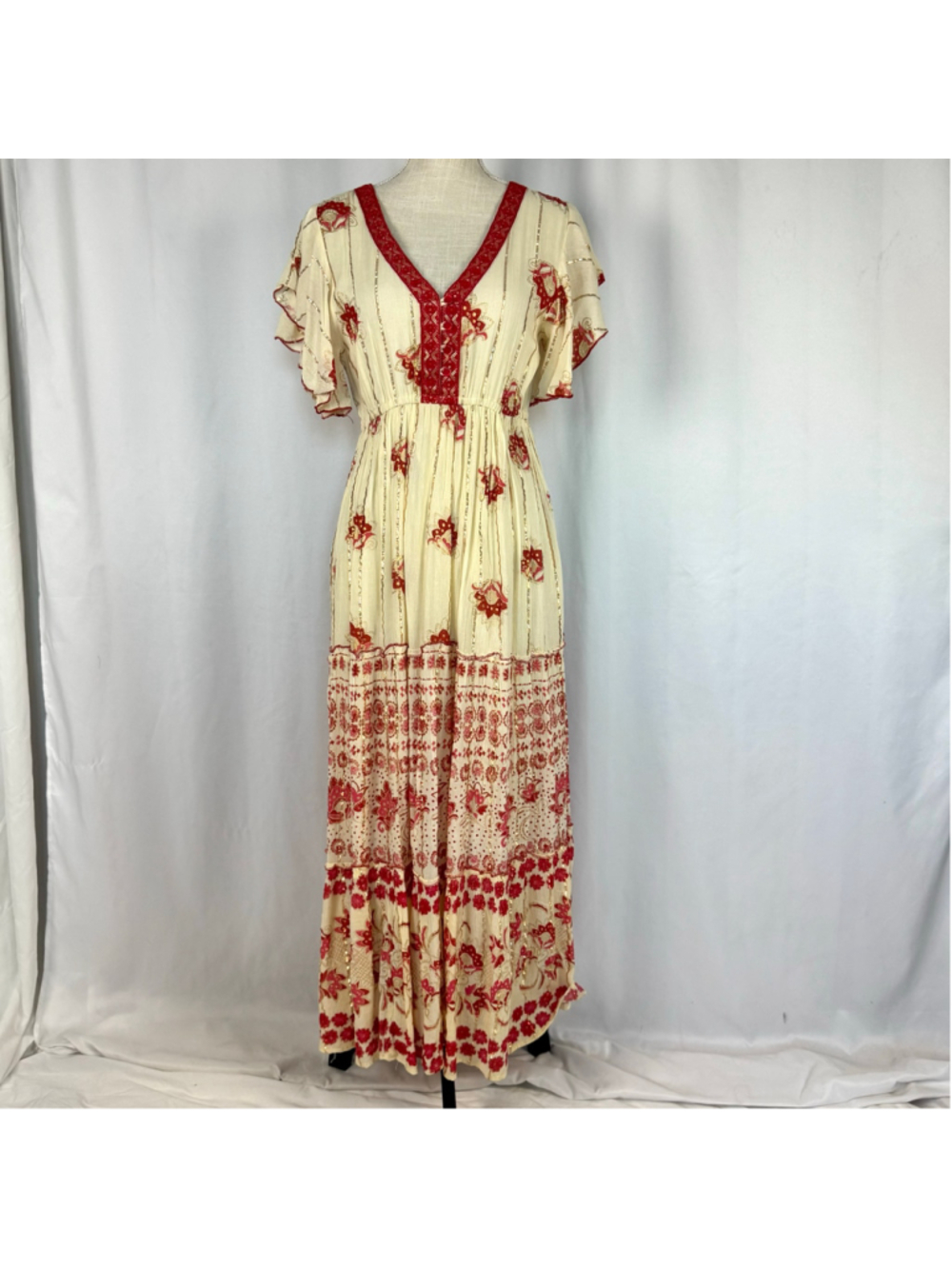Me 2 Magic Boho Cream & Red Embroidered Tiered Maxi Dress Women’s Medium
